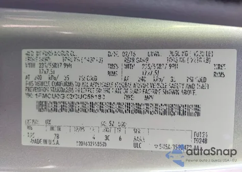 2016 Ford Escape Se z USA, uszkodzony, nr VIN 1FMCU0GX2GUC58183